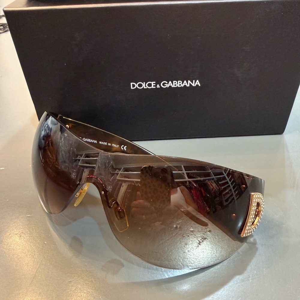 Dolce & Gabbana Brown Shield Sunglasses with Gold Crystal Temples